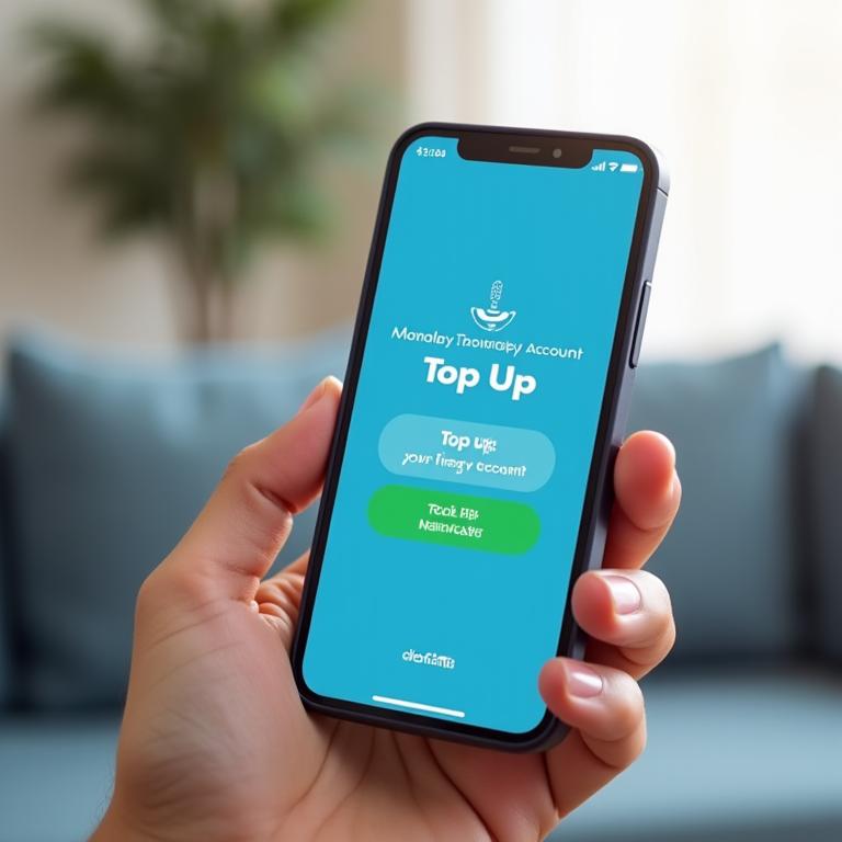 Hand showing a mobile phone with a top-up interface